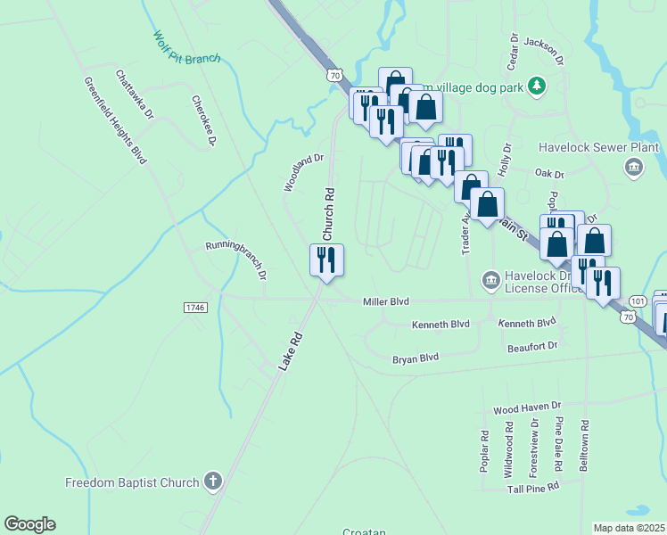 map of restaurants, bars, coffee shops, grocery stores, and more near 307 Church Road in Havelock
