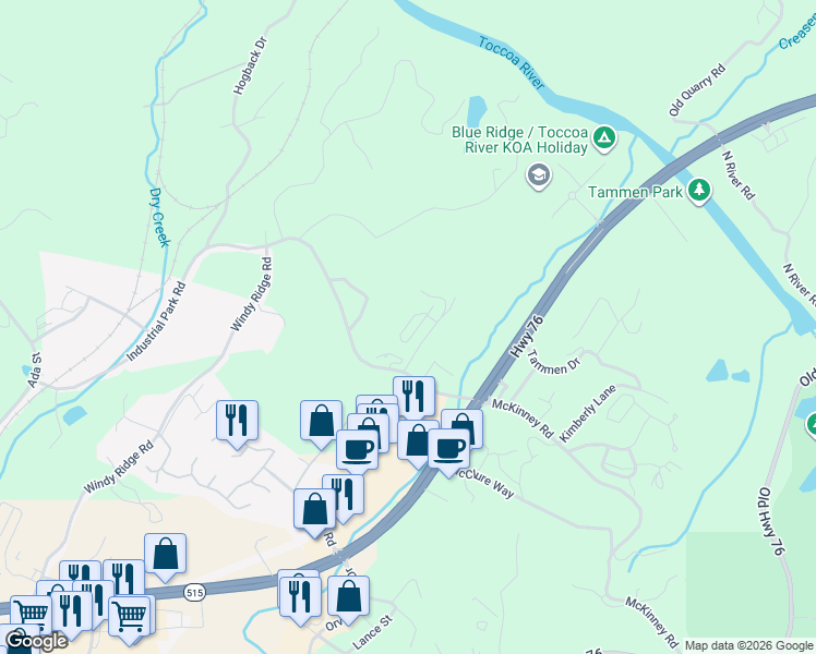 map of restaurants, bars, coffee shops, grocery stores, and more near 97 High Park Drive in Blue Ridge