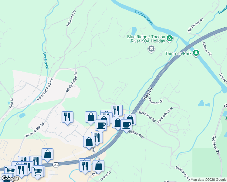 map of restaurants, bars, coffee shops, grocery stores, and more near 97 High Park Drive in Blue Ridge