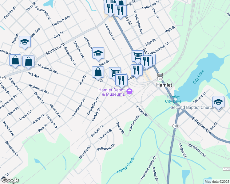 map of restaurants, bars, coffee shops, grocery stores, and more near 57 Main Street in Hamlet