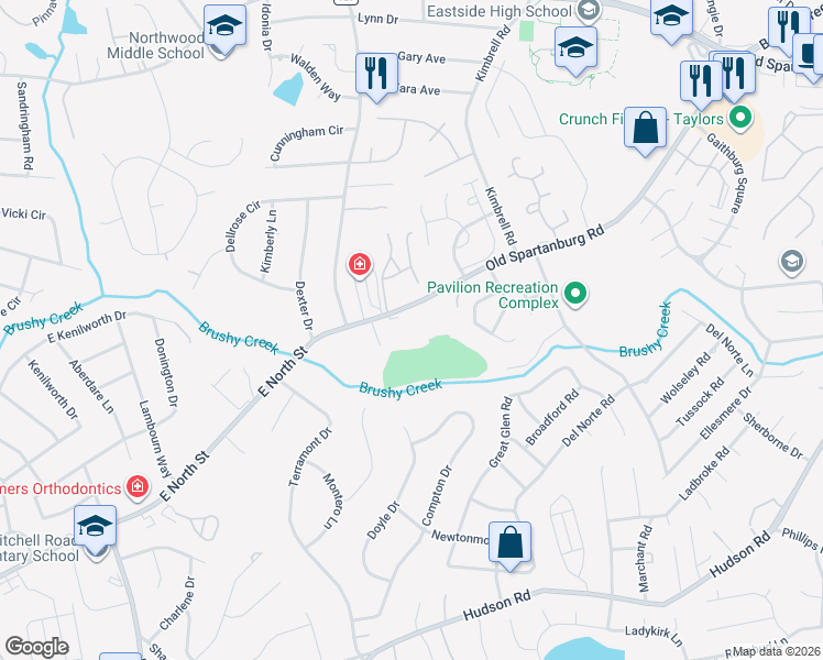 map of restaurants, bars, coffee shops, grocery stores, and more near 4514 Old Spartanburg Road in Taylors