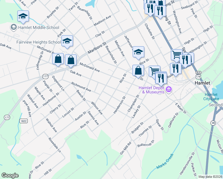 map of restaurants, bars, coffee shops, grocery stores, and more near 600 Rice St in Hamlet