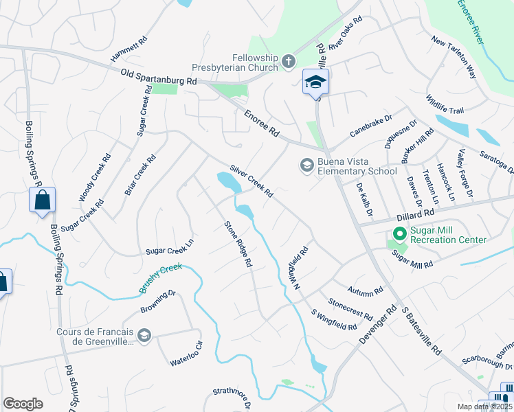 map of restaurants, bars, coffee shops, grocery stores, and more near 104 Lake Water Court in Greer