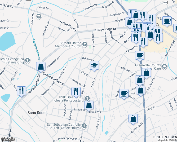 map of restaurants, bars, coffee shops, grocery stores, and more near 207 Perry Road in Greenville
