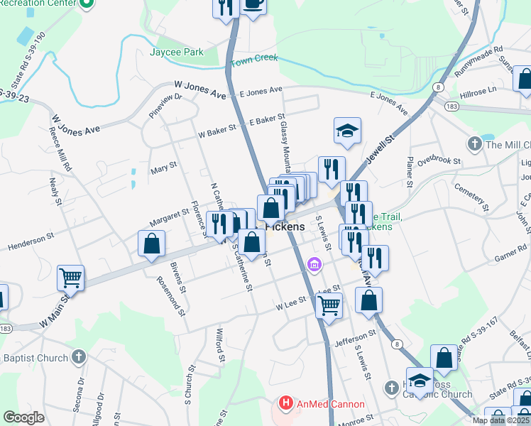 map of restaurants, bars, coffee shops, grocery stores, and more near 106 West Main Street in Pickens