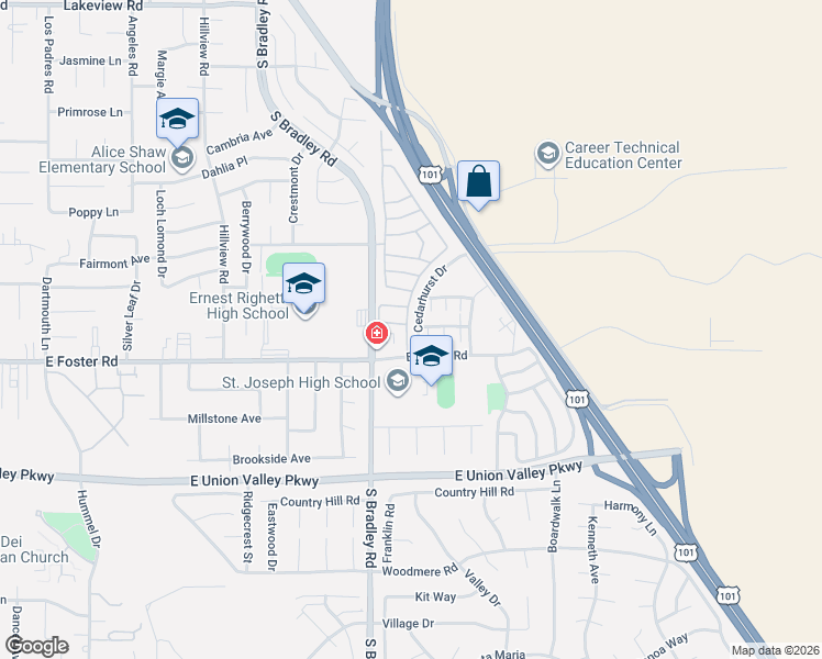 map of restaurants, bars, coffee shops, grocery stores, and more near 4074 Berwyn Drive in Santa Maria