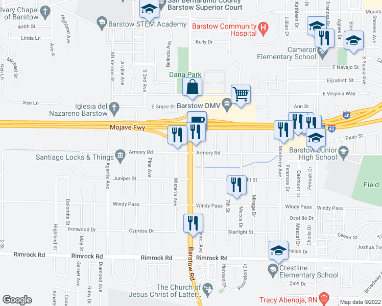 map of restaurants, bars, coffee shops, grocery stores, and more near Barstow Rd & Armory Rd in Barstow
