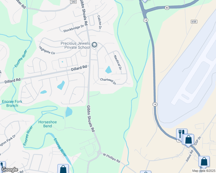 map of restaurants, bars, coffee shops, grocery stores, and more near 218 Shipyard Lane in Greer