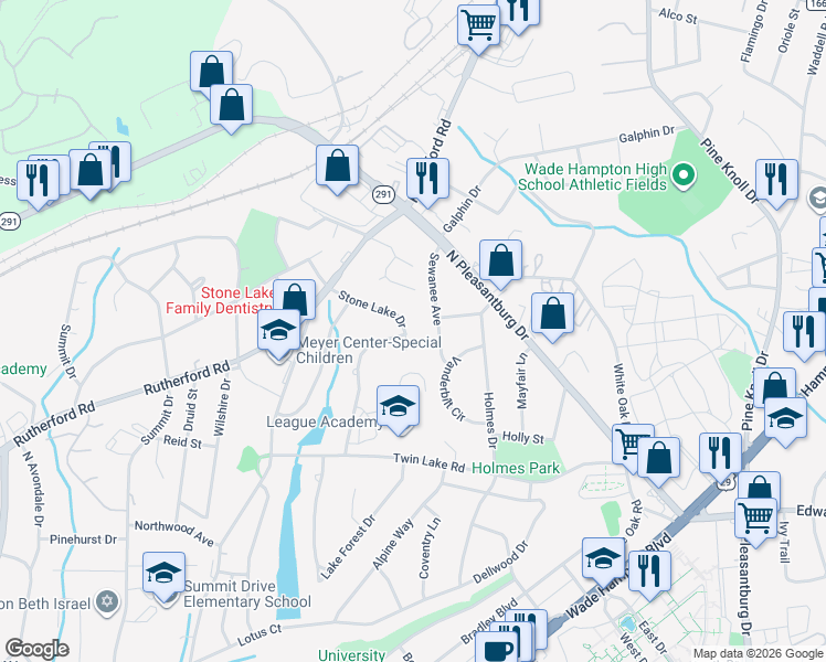 map of restaurants, bars, coffee shops, grocery stores, and more near 133 Stone Lake Drive in Greenville