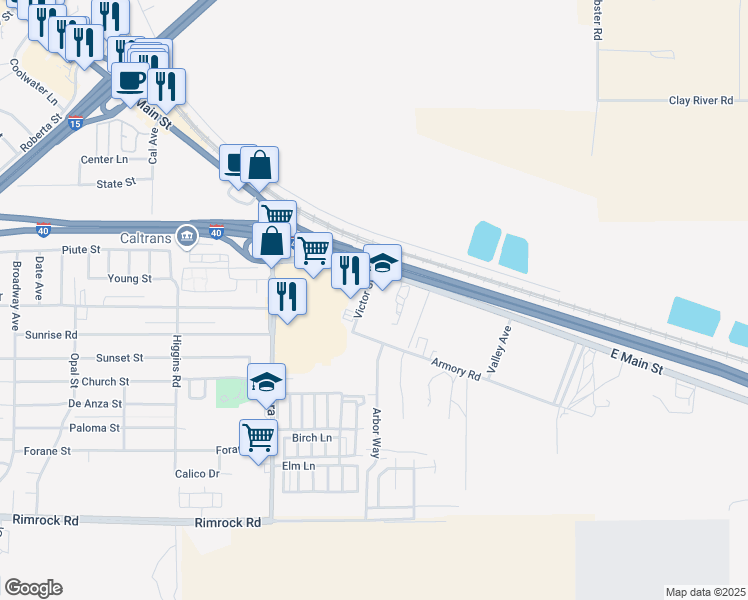 map of restaurants, bars, coffee shops, grocery stores, and more near 541 Victor Street in Barstow