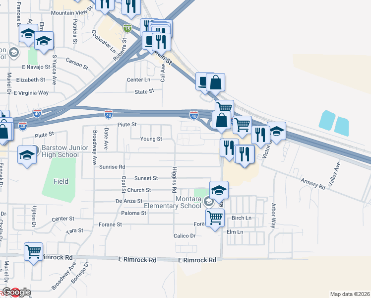 map of restaurants, bars, coffee shops, grocery stores, and more near 1817 Armory Road in Barstow