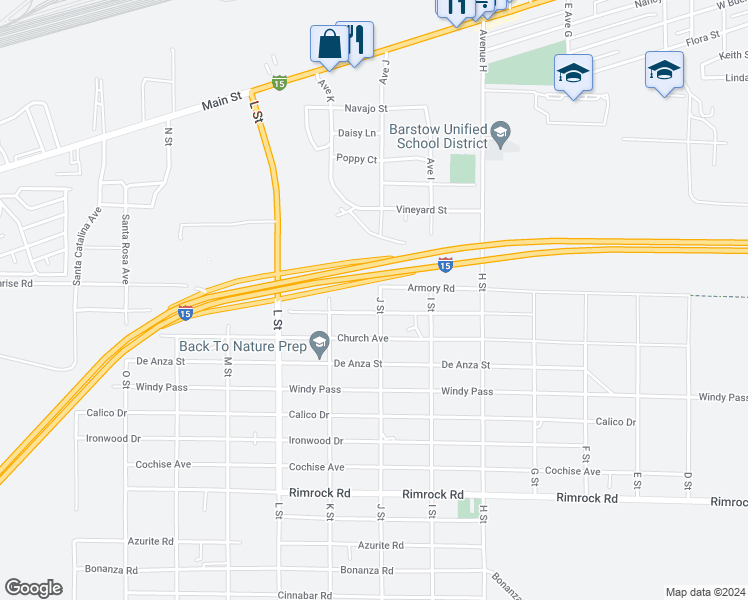 map of restaurants, bars, coffee shops, grocery stores, and more near 27878 Apache Avenue in Barstow