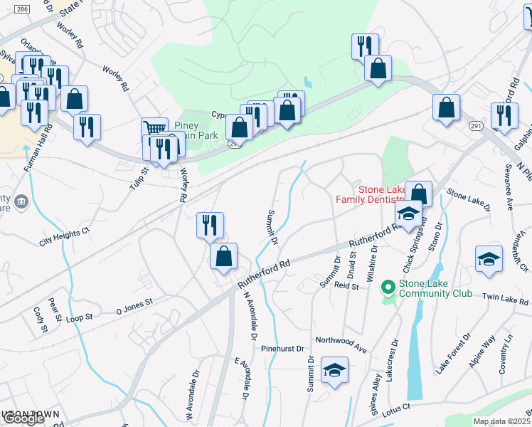 map of restaurants, bars, coffee shops, grocery stores, and more near 1062 Summit Drive in Greenville