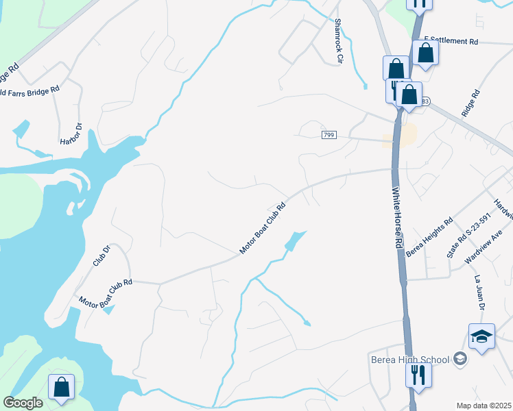 map of restaurants, bars, coffee shops, grocery stores, and more near 210 Motor Boat Club Road in Greenville