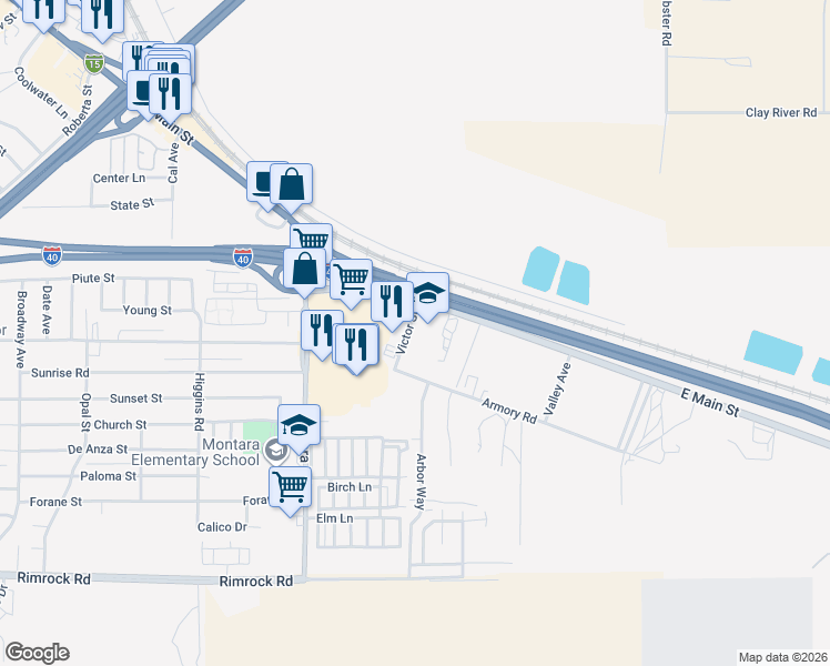 map of restaurants, bars, coffee shops, grocery stores, and more near 541 Victor Street in Barstow