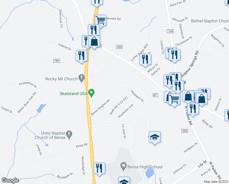 map of restaurants, bars, coffee shops, grocery stores, and more near 205 Berea Heights Road in Greenville