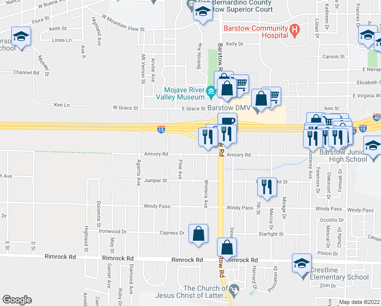 map of restaurants, bars, coffee shops, grocery stores, and more near 431 Armory Road in Barstow