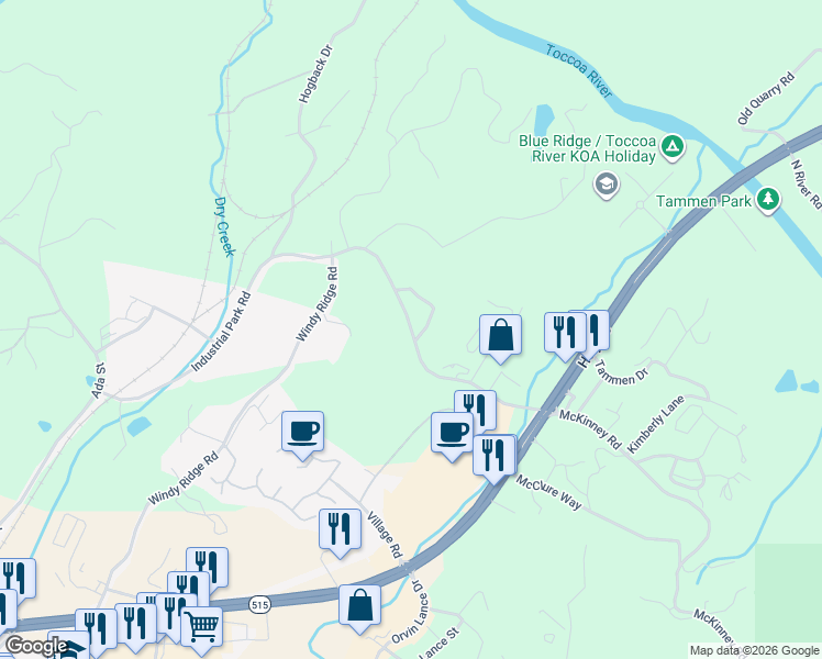 map of restaurants, bars, coffee shops, grocery stores, and more near Industrial Park Road in Blue Ridge