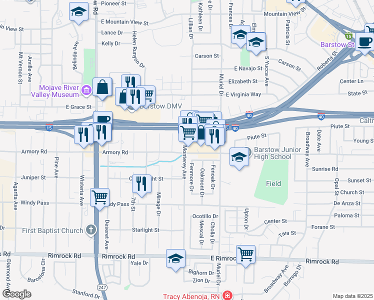 map of restaurants, bars, coffee shops, grocery stores, and more near 901 Armory Road in Barstow