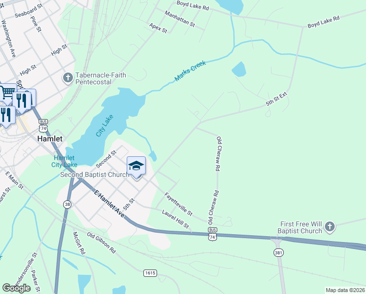 map of restaurants, bars, coffee shops, grocery stores, and more near 184 5th Street in Hamlet
