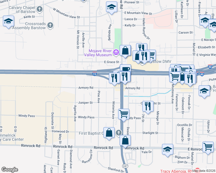 map of restaurants, bars, coffee shops, grocery stores, and more near 451 Armory Road in Barstow