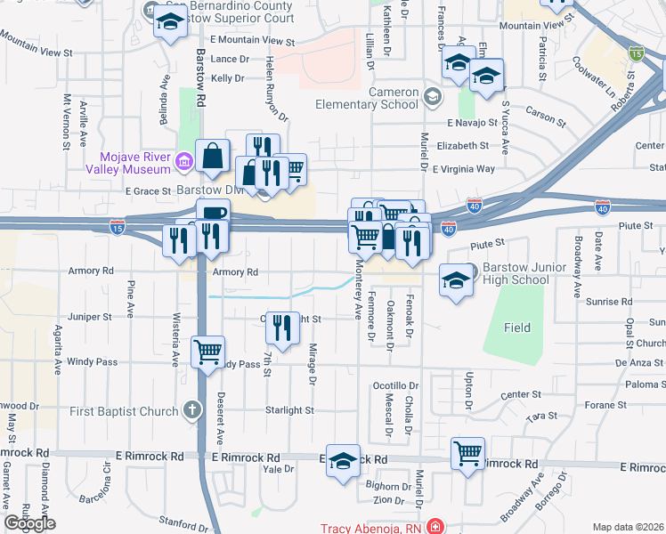 map of restaurants, bars, coffee shops, grocery stores, and more near 780 Armory Road in Barstow