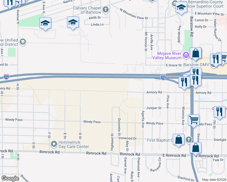 map of restaurants, bars, coffee shops, grocery stores, and more near 28722 Church Street in Barstow