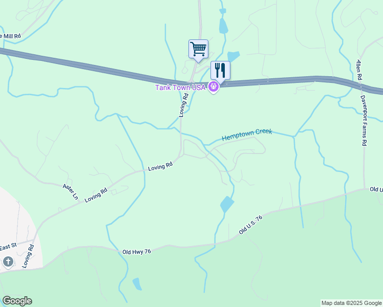map of restaurants, bars, coffee shops, grocery stores, and more near Loving Road in Morganton