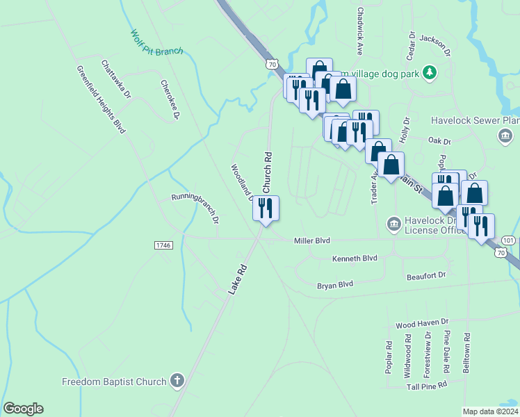 map of restaurants, bars, coffee shops, grocery stores, and more near 149 Woodland Drive in Havelock