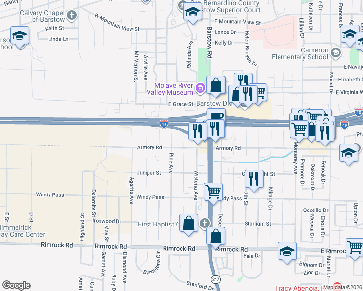 map of restaurants, bars, coffee shops, grocery stores, and more near 1010 Lotebush Lane in Barstow
