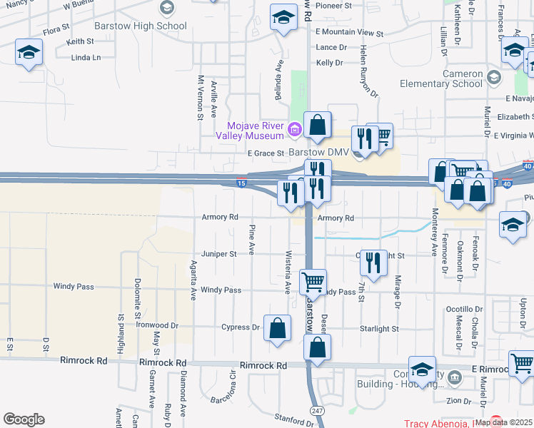 map of restaurants, bars, coffee shops, grocery stores, and more near Armory Road in Barstow