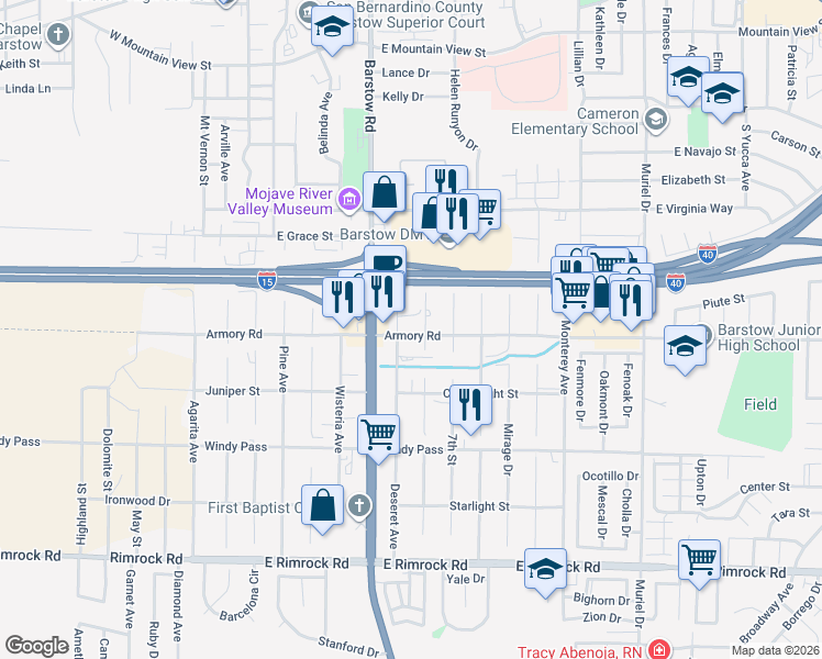 map of restaurants, bars, coffee shops, grocery stores, and more near 610 Armory Road in Barstow