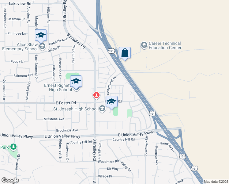map of restaurants, bars, coffee shops, grocery stores, and more near 1161 Sumner Place in Santa Maria
