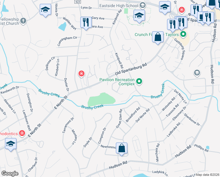 map of restaurants, bars, coffee shops, grocery stores, and more near 348 Devonwood Court in Taylors