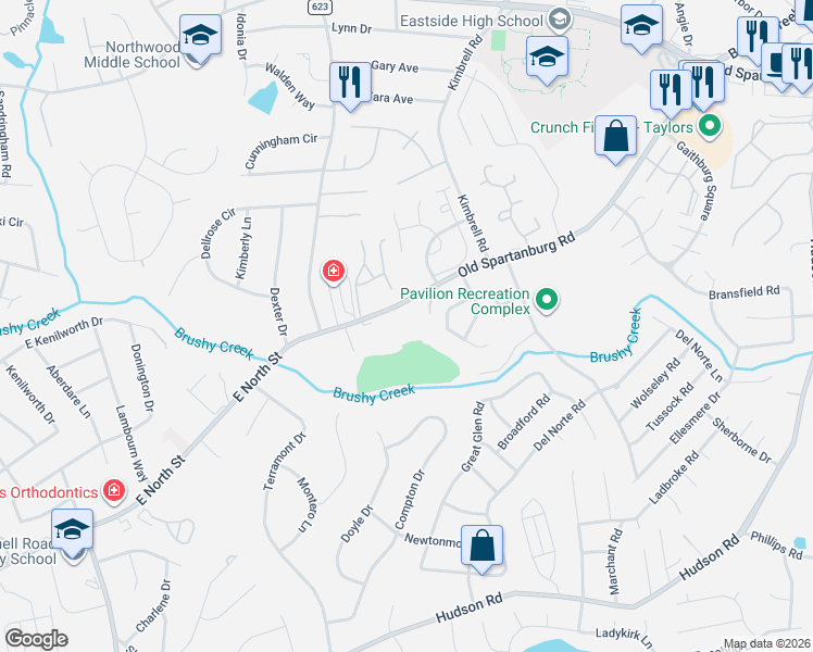map of restaurants, bars, coffee shops, grocery stores, and more near 4614 Old Spartanburg Road in Taylors