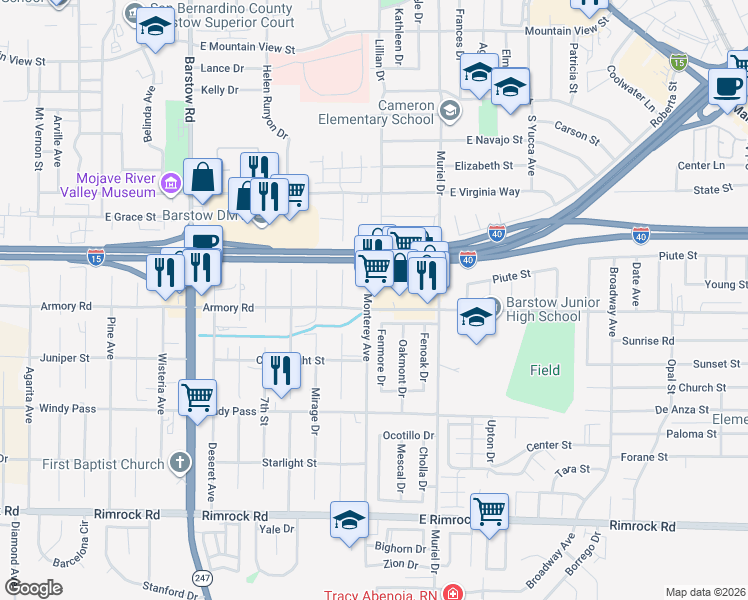 map of restaurants, bars, coffee shops, grocery stores, and more near 907 Armory Road in Barstow