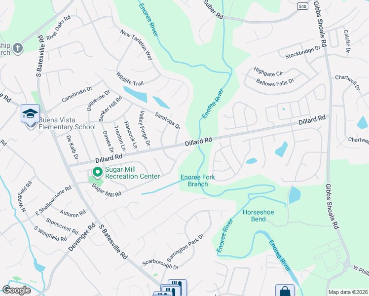 map of restaurants, bars, coffee shops, grocery stores, and more near 705 Sugar Mill Road in Greer