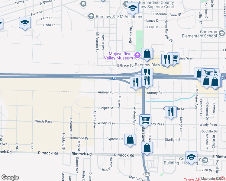 map of restaurants, bars, coffee shops, grocery stores, and more near 351 Armory Road in Barstow
