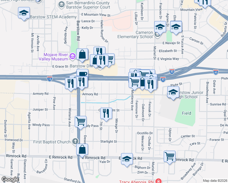 map of restaurants, bars, coffee shops, grocery stores, and more near 730 Armory Road in Barstow