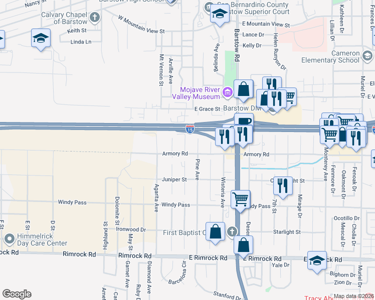 map of restaurants, bars, coffee shops, grocery stores, and more near 350 Armory Road in Barstow