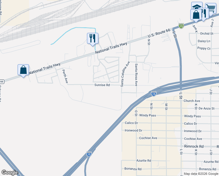 map of restaurants, bars, coffee shops, grocery stores, and more near 2494 Main Street in Barstow