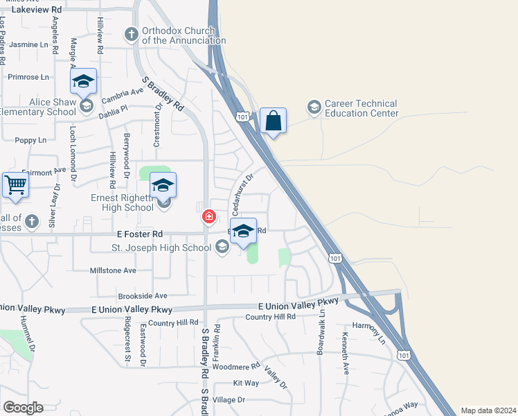map of restaurants, bars, coffee shops, grocery stores, and more near 1180 Sumner Place in Santa Maria