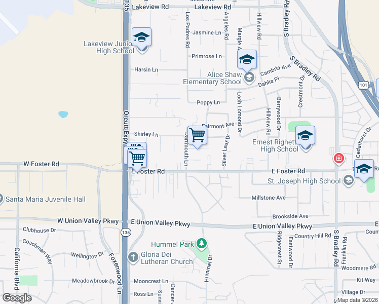 map of restaurants, bars, coffee shops, grocery stores, and more near 4038 Dartmouth Lane in Santa Maria