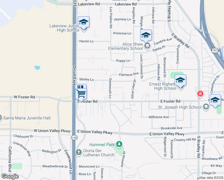 map of restaurants, bars, coffee shops, grocery stores, and more near 4038 Dartmouth Lane in Santa Maria