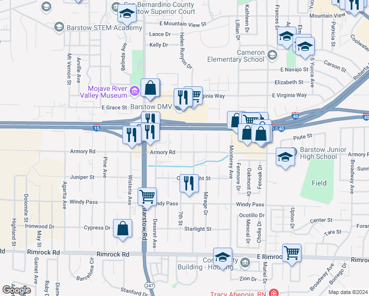 map of restaurants, bars, coffee shops, grocery stores, and more near 961 Manzanita Drive in Barstow