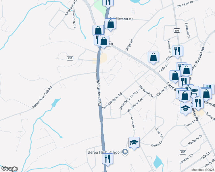 map of restaurants, bars, coffee shops, grocery stores, and more near 106 Berea Heights Road in Greenville