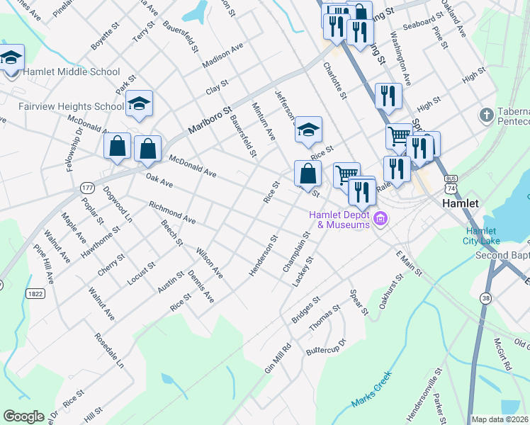 map of restaurants, bars, coffee shops, grocery stores, and more near 308 Oak Avenue in Hamlet