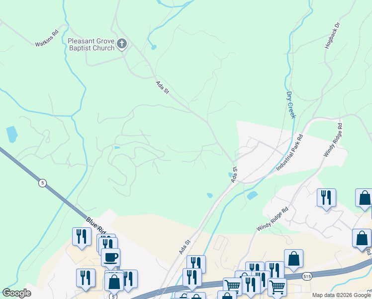 map of restaurants, bars, coffee shops, grocery stores, and more near 190 Quiet Lane in Blue Ridge