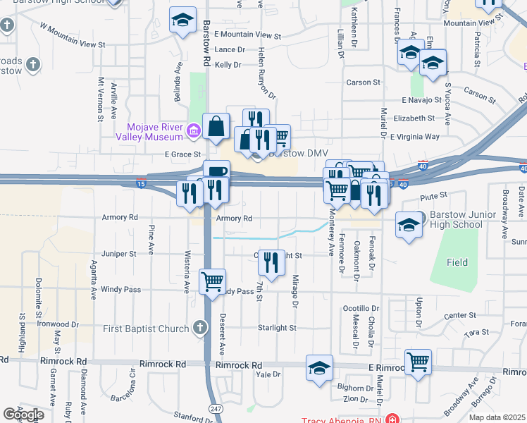 map of restaurants, bars, coffee shops, grocery stores, and more near 961 Manzanita Drive in Barstow