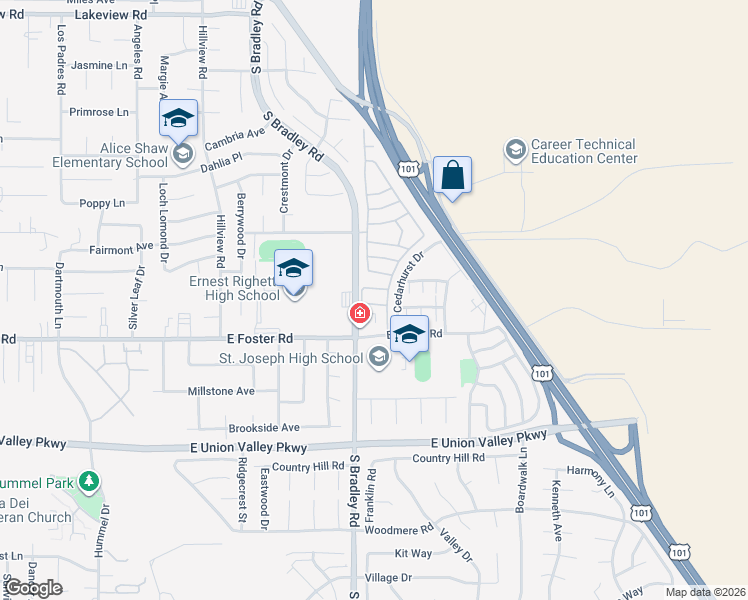 map of restaurants, bars, coffee shops, grocery stores, and more near 1106 Devonshire Place in Santa Maria
